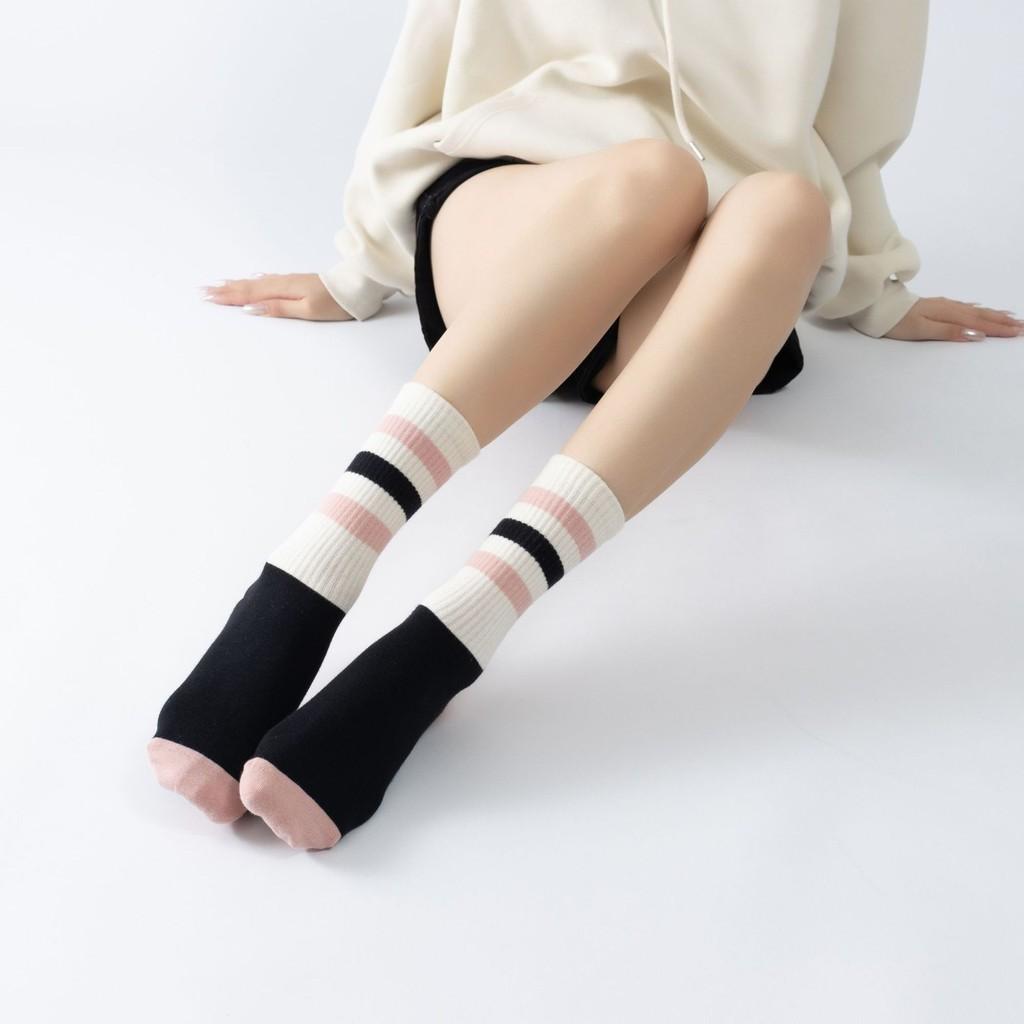 Striped Yoga Calf Socks for Women Autumn Mid Tube Anti Slip Pilates Socks Large Body Elastic Tight Binding Design