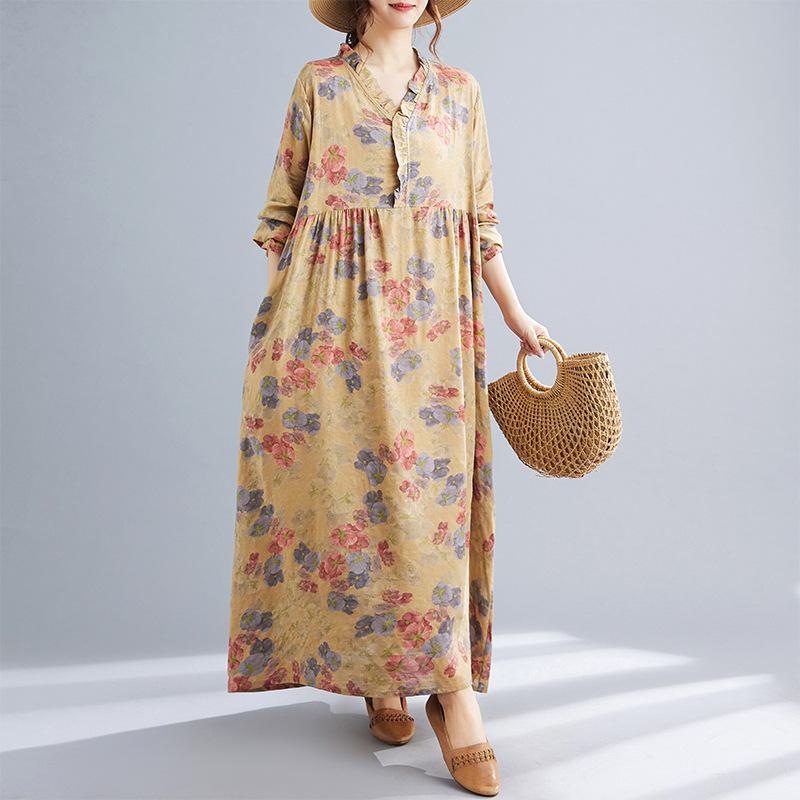 

Осеннее литературное платье Plus Casual Loose Print Fungus Lace V-образным вырезом с длинными рукавами для женщин Платья XXL