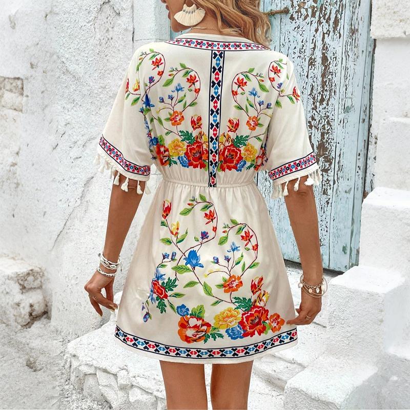 Sommer Neue Mode Vestidos Damen Lässig Sexy Große Größen Vintage Strand Kurzarm Druck Mini Kleid S-2XL