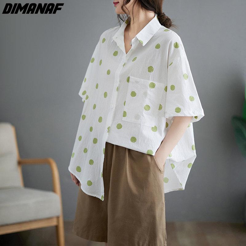 

DIMANAF 2023 Лето Новая рубашка в горошек с принтом больших размеров, карман с коротким рукавом, свободные женские топы, хлопок
