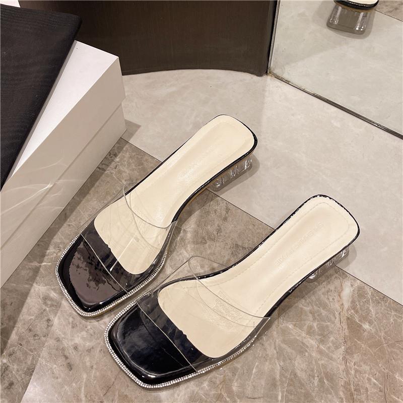 

Summer new transparent high-heeled one-word cool slippers women s fashion crystal thick-heeled sandals 34 чорний