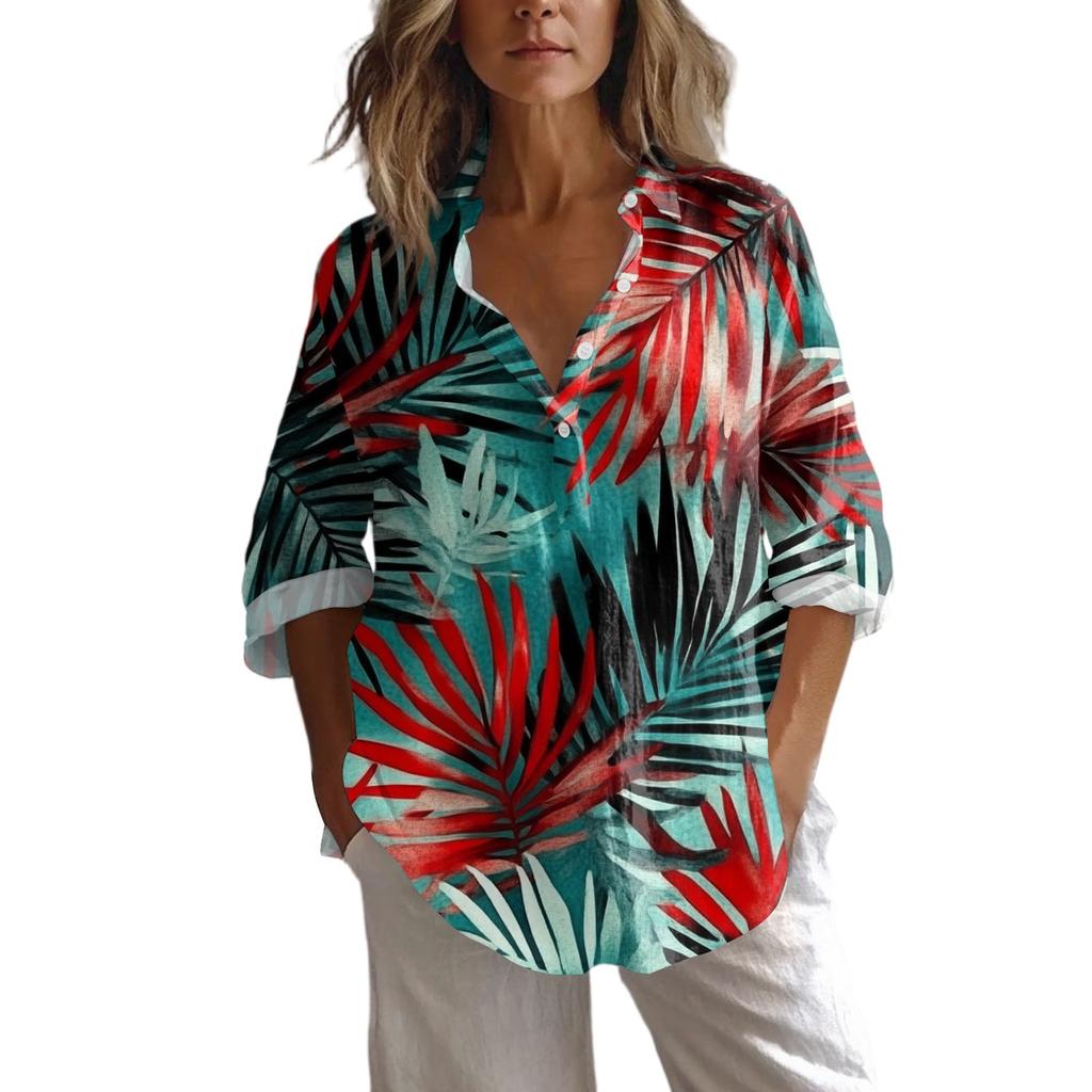 Women's Casual Spring And Summer Loose Printed Casual Sleeved Lapel Pullover Shirt