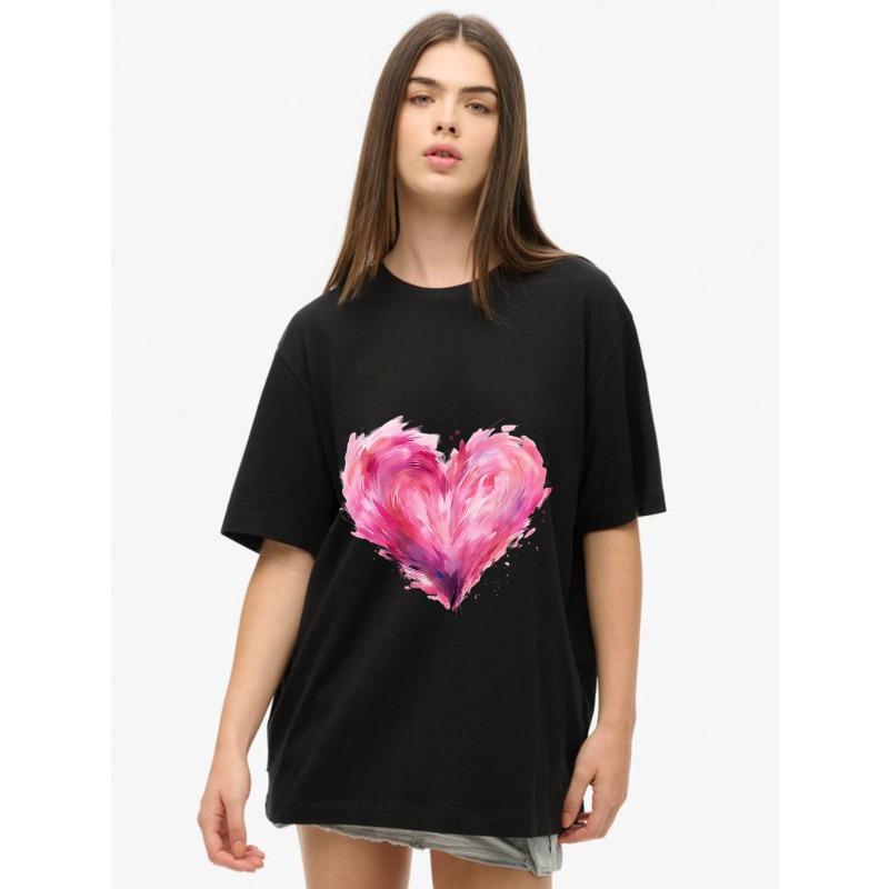 Oversized T Shirt Black Pink Watercolor Heart Print Casual Wear For Women
