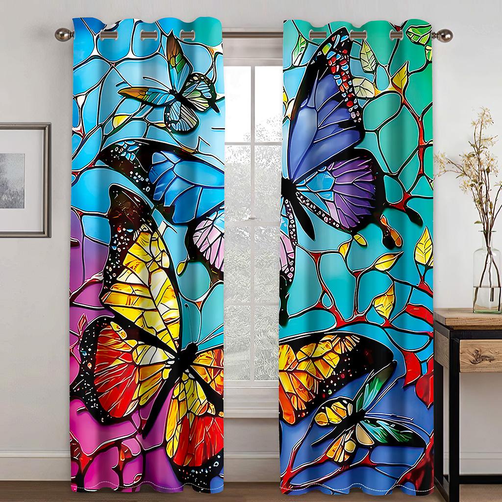 Blue Butterfly Gold Background Print Curtains 2 Panels Modern Art Vivid Butterfly Curtains Living Room Bedroom Balcony Decor
