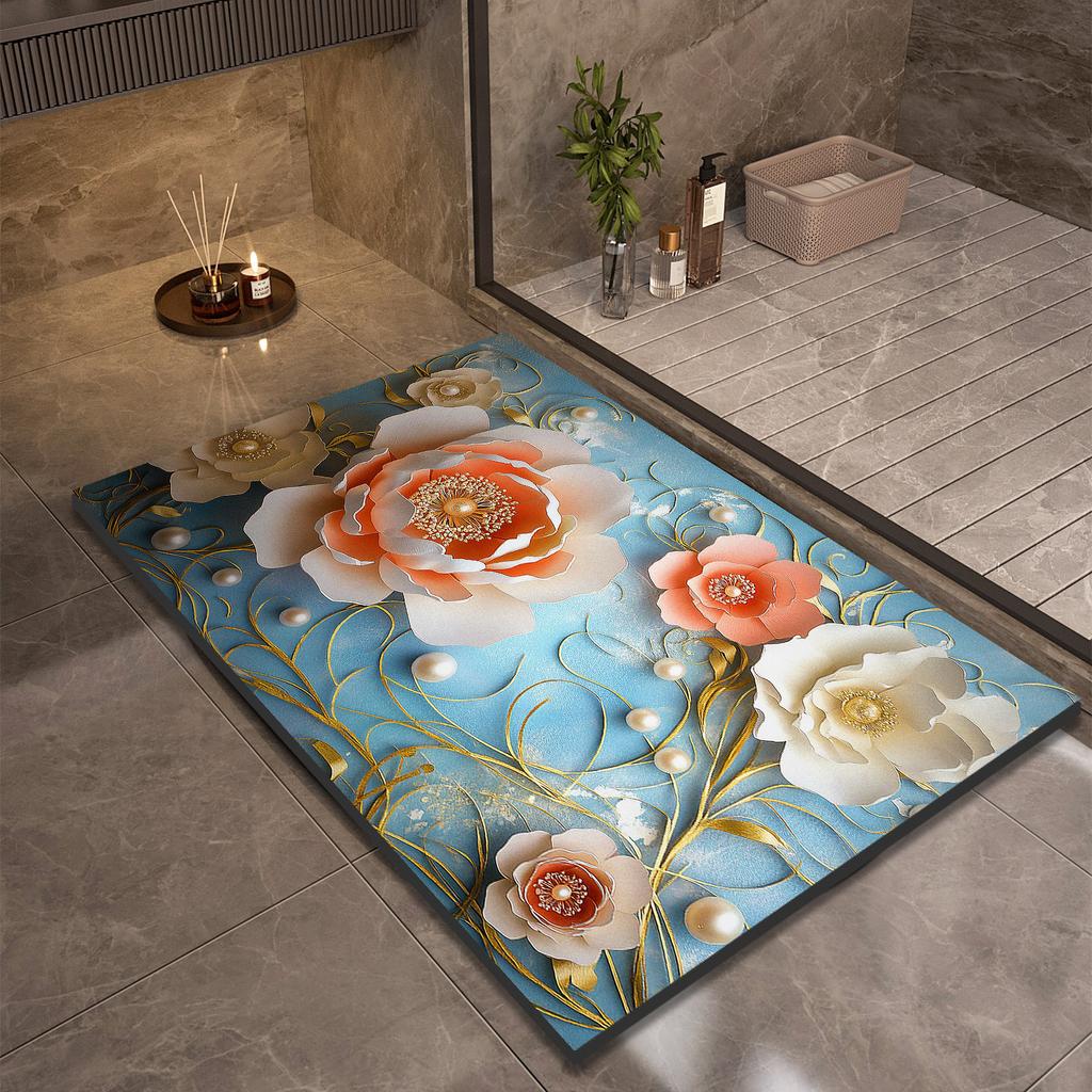 Flower Bathroom Bath Mat Non-slip Foot Mats Absorbent Quick Dry Shower Rugs Toilet Carpet Doormat Washable