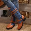 Fashion Autumn and Winter New Colorblocking Leather Boots for Women Round Head Belt Buckle Lace-up Thick Heel Mid-calf Knight Boots