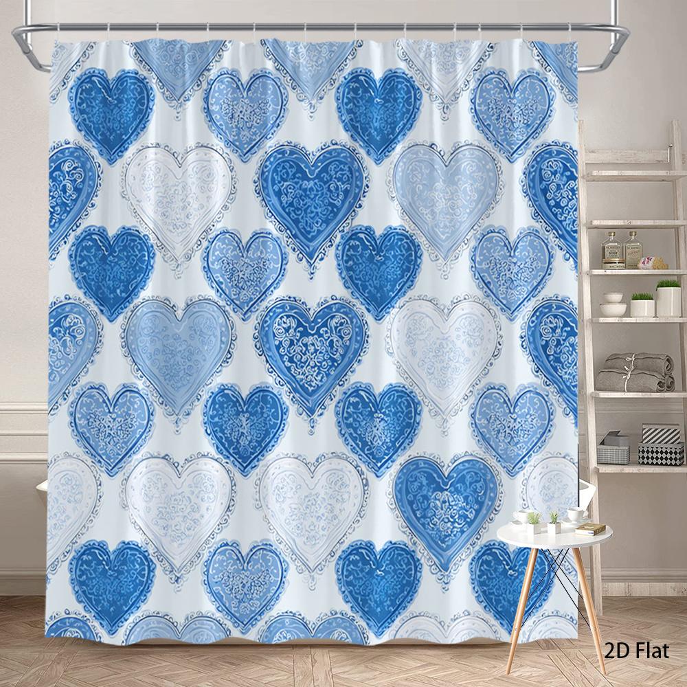 

1pc Heart-patterned shower curtain, polyester fabric, machine washable, with hooks, suitable for bathroom décor. 90X180cm