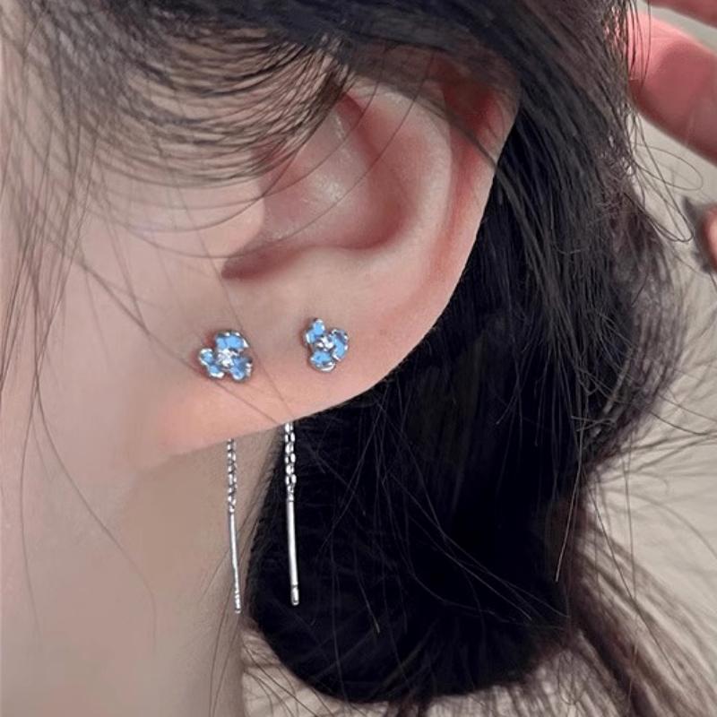 925 Silver Blue Iris Flower Zircon Tassel Stud Earrings for Women Fine Jewelry Luxury Vintage Accessories