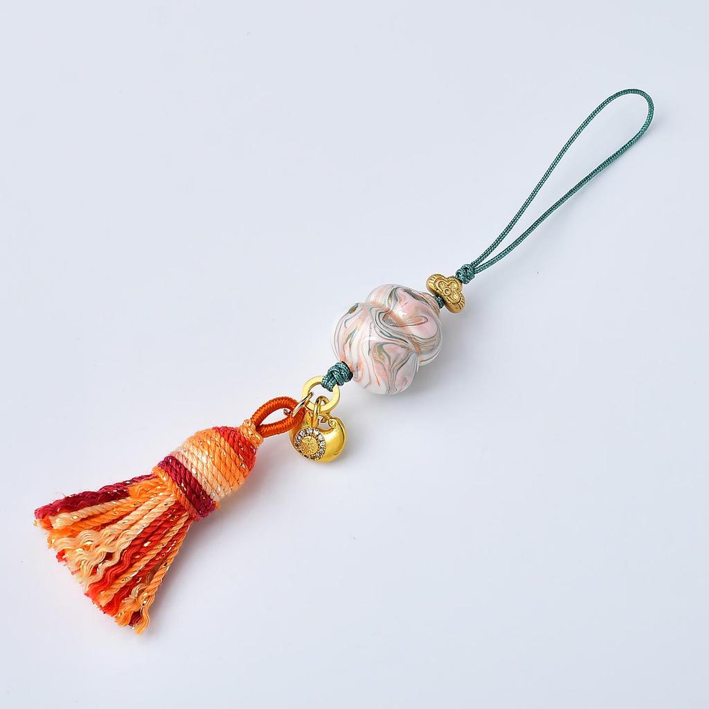 Chinese Ink Wash Lacquer Gourd Tassel Pendant Hand-woven Phone Lanyard with Song Brocade Bag Charm – Intangible Cultural Heritage