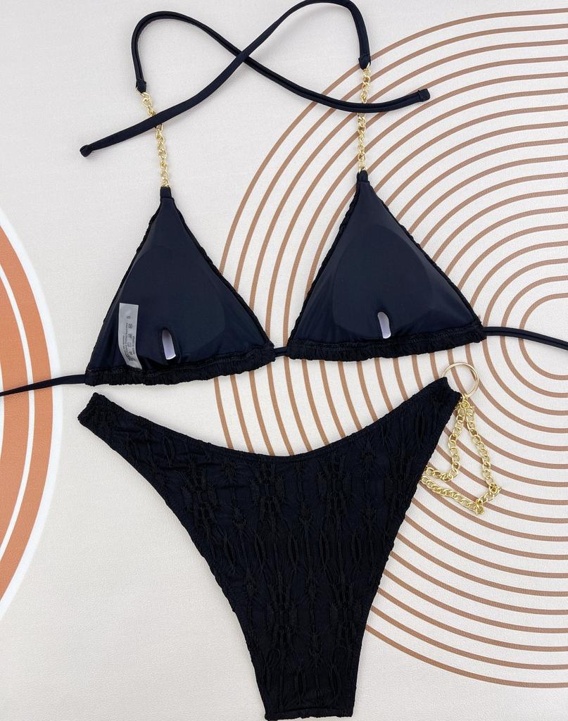 Women's Swimwear Solid Color Halter Neck Strap Triangle Bag Sexy Chain Bikini Set Beachwear Bathing Suits