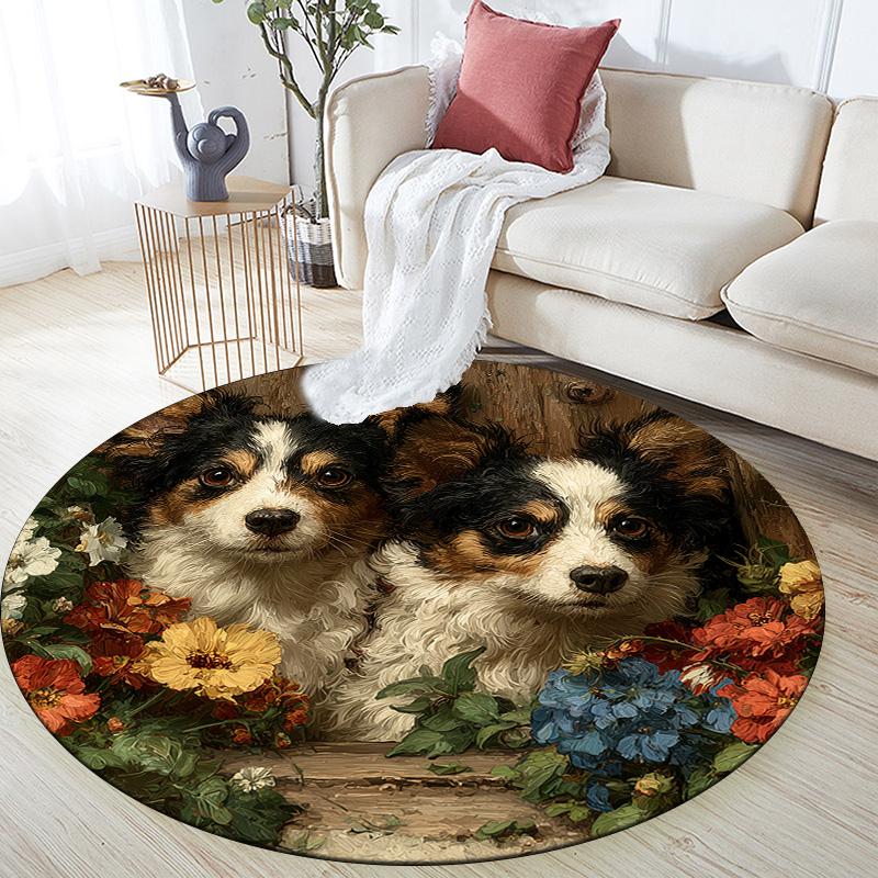 Door Frame Flower Dog,Round Area Rug,Carpet Rug for Living Room Bedroom Sofa Playroom Decor,Non-slip Floor Mat