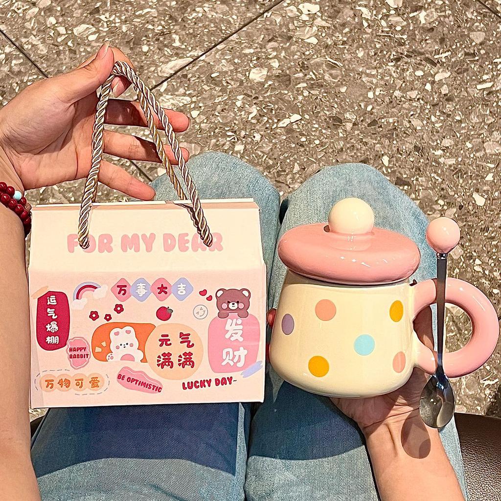 Chubby mug with lid spoon ceramic mug large capacity water cup couple home coffee breakfast cup souvenir