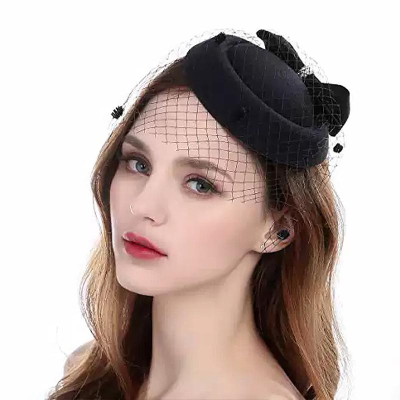 Black Mesh Headdress Stewardess Hat French Temperament Pearl Bow Hair Clip For Women