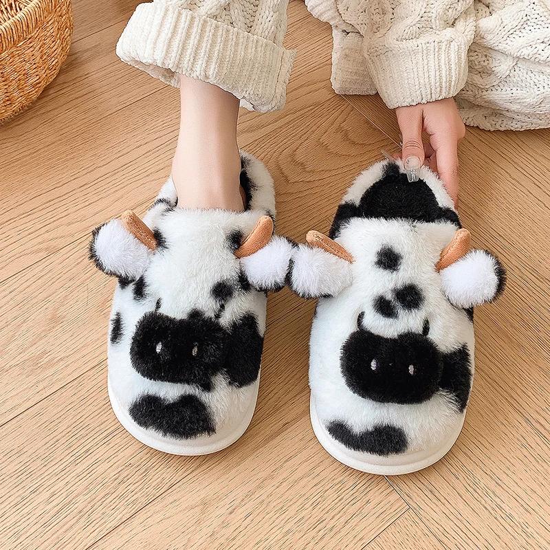 Fashion Dairy Cattlel Designer Slippers Fluffy Woman Indoors Cotton Slippers Keep Warm Home Platform Footwear Men's Slippers