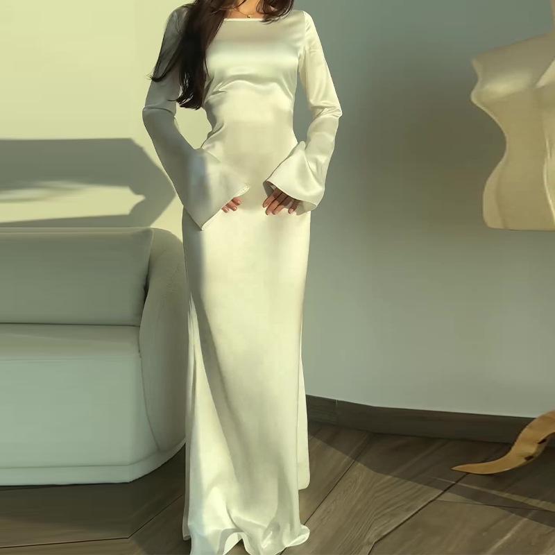Women's White Tie-Up Long Sleeve Dress - Autumn/Winter, Elegant Chinese Style, Casual with Waist-Cinching Fit
