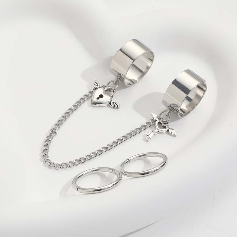 Punk Chain Two Finger One Piece Tassel Rings for Women Men Silver Creative Key Heart Lock Adjustable Rings Jewelry