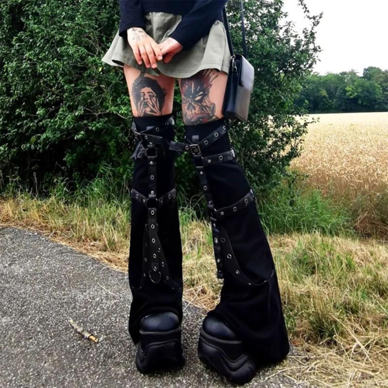 Women Punk Harness Eyelets Straps Flared Leg Warmer Japanese Style Buckled Thigh High Leg Cover Long Sock Stockings