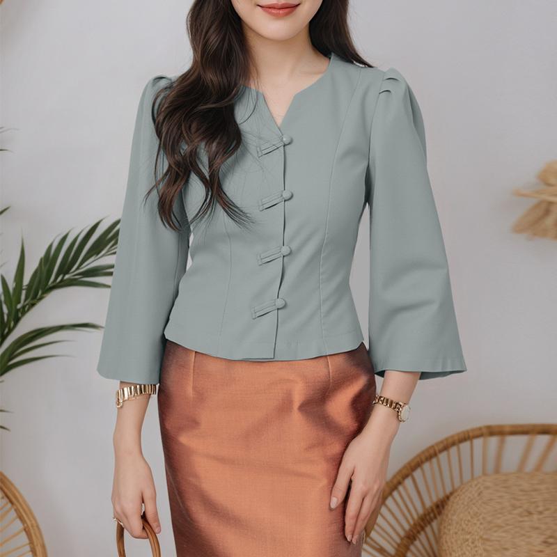 ZANZEA Women Casual V-Neck Solid Color 3/4 Sleeve Blouse