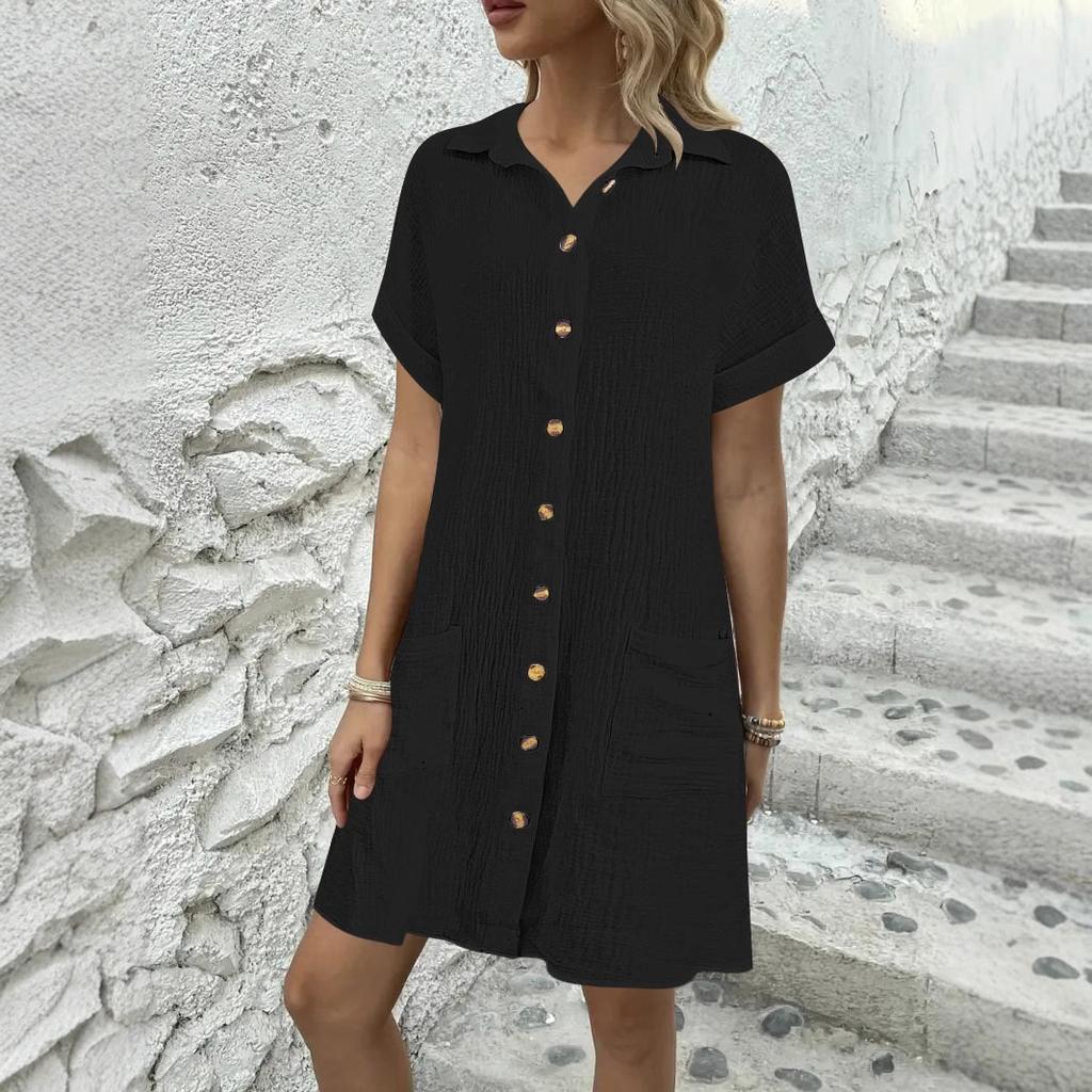 Spot, European and American summer new dresses simple solid color casual fashion lapel button shirt dress women