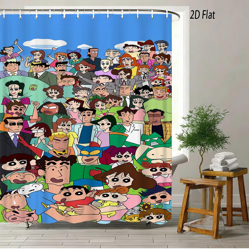 Crayon Shin-Chan All Characters Big Group Photo Scene 2D Print Waterproof Shower Curtain, Vibrant Blue Sky With Full Cast Bathro