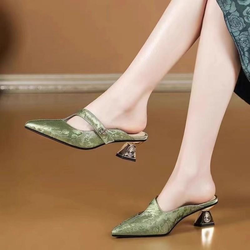 Medium Heel Baotou Half Slippers Women's Summer Wear New High-end Leather Pointed Lazy Sandals