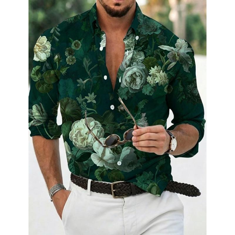 Men's floral shirt long sleeved sports fashion outdoor casual daily autumn and winter flat printed button down collar shirt