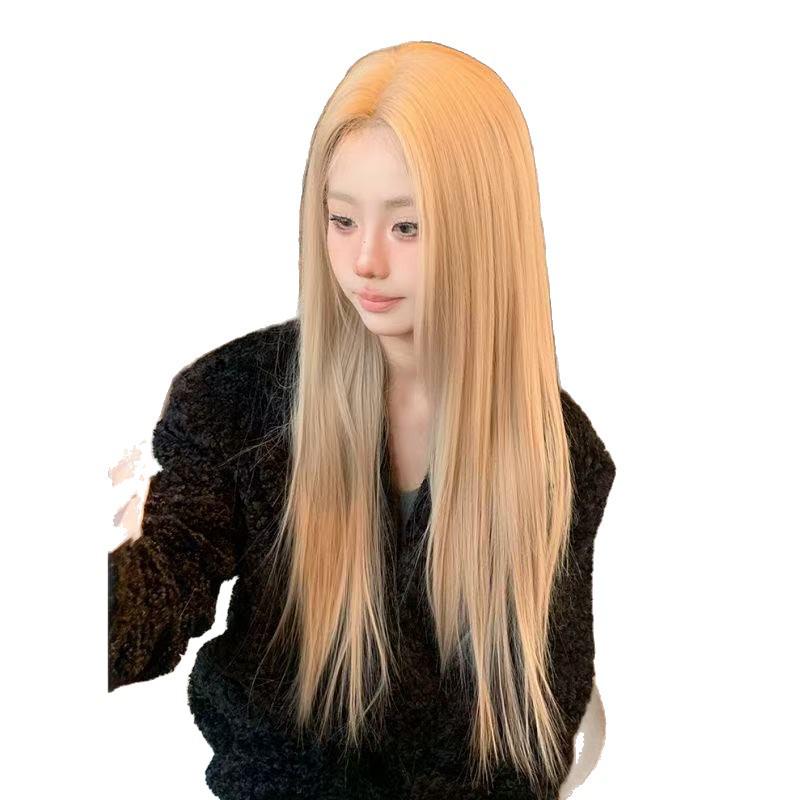 Spitzenfront-Perücke im koreanischen Stil für Damen - Milchtee-Reisgrau, Lang, Gerade, Modisch, Gesichtsformend, Mittelscheitel.