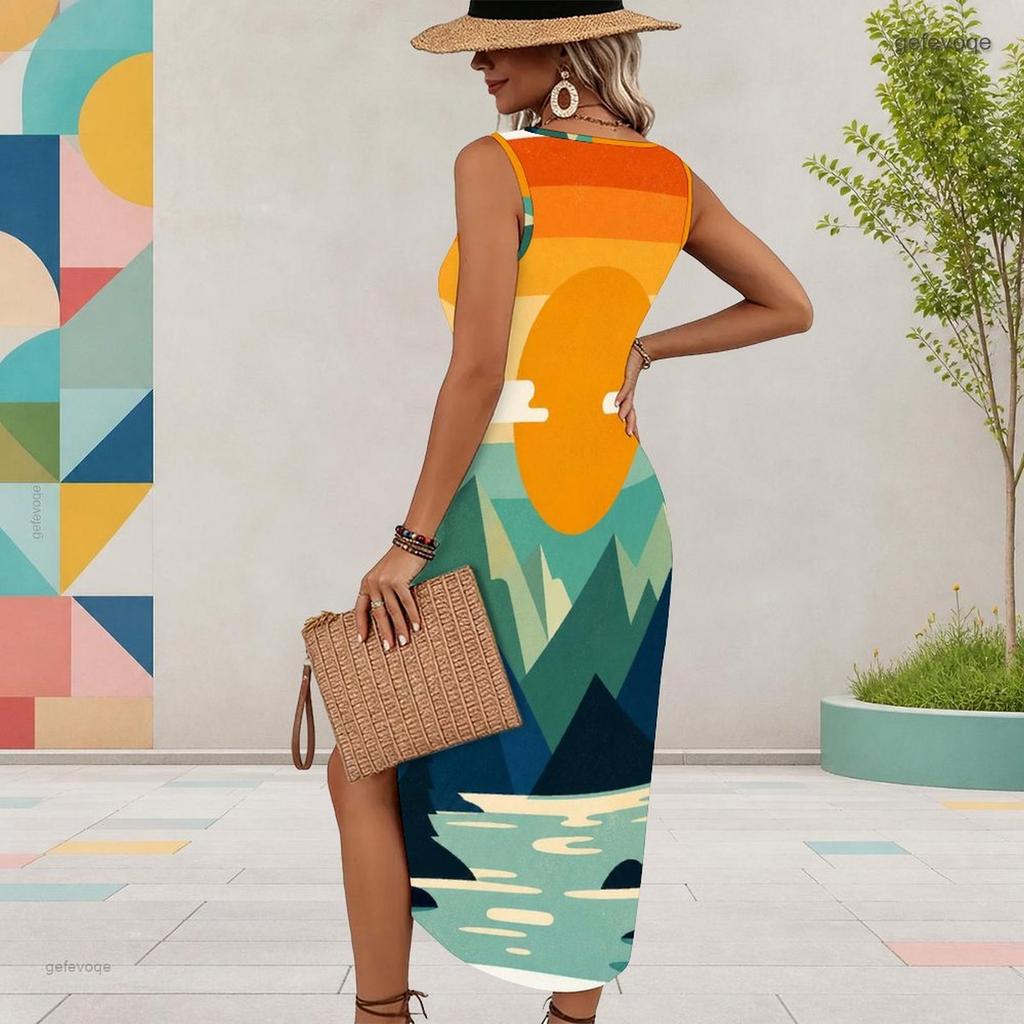 Women Plus Size Sleeveless U Neck Printed Gradient High Side Slit Long Dress