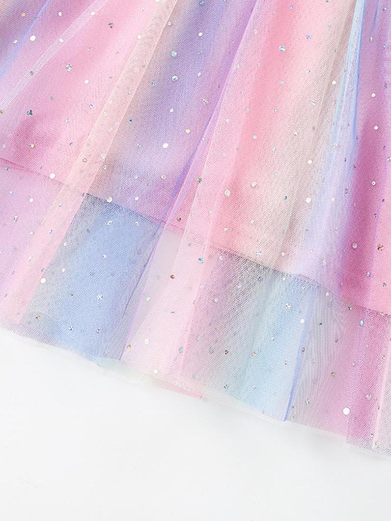Rainbow Unicorn Print Kids' Mesh Dress - Short Sleeve, Spring/Summer
