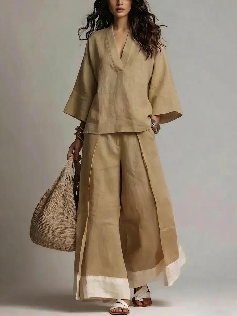 Women V-Neck Wide Sleeve Top And Wide Leg Pants Set Casual Loose Fit Linen Blend Two Piece Outfit