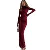 2025 Spring European and American Women's Solid Color Semi-High Neck Waist-Hugging Fashion Dress