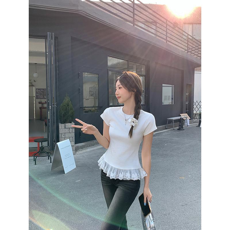 Ballet Lace Round Neck Short-sleeved T-shirt for Women, Xia Chun Wants To Fold Inside and Wear a Bottomed Shirt Top
