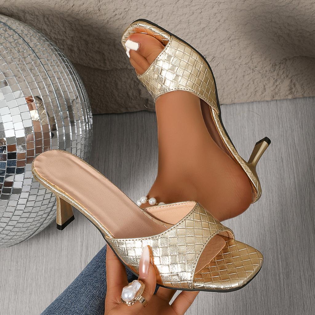 Large Size High-heeled Slippers Women's Summer New Snake Pattern Fine Heel Square Head One-word Outer Wear Fashionable Large Size Sandals