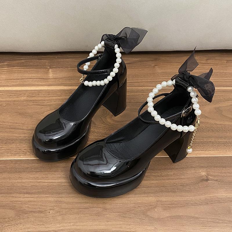 Mary Jane High Heels Women's 2025 Spring and Autumn New Thick Heel Single Shoes Fairy Style Pearl Chain High Heel Single Shoes Small Leather Shoes