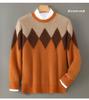 Men's Autumn Winter Loose Fit Round Neck Wool Sweater - Thick, Fashionable Color Block Base Layer