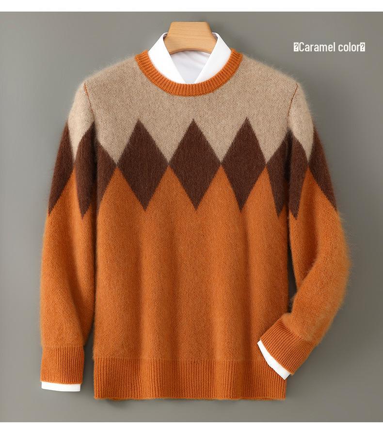 Men's Autumn Winter Loose Fit Round Neck Wool Sweater - Thick, Fashionable Color Block Base Layer