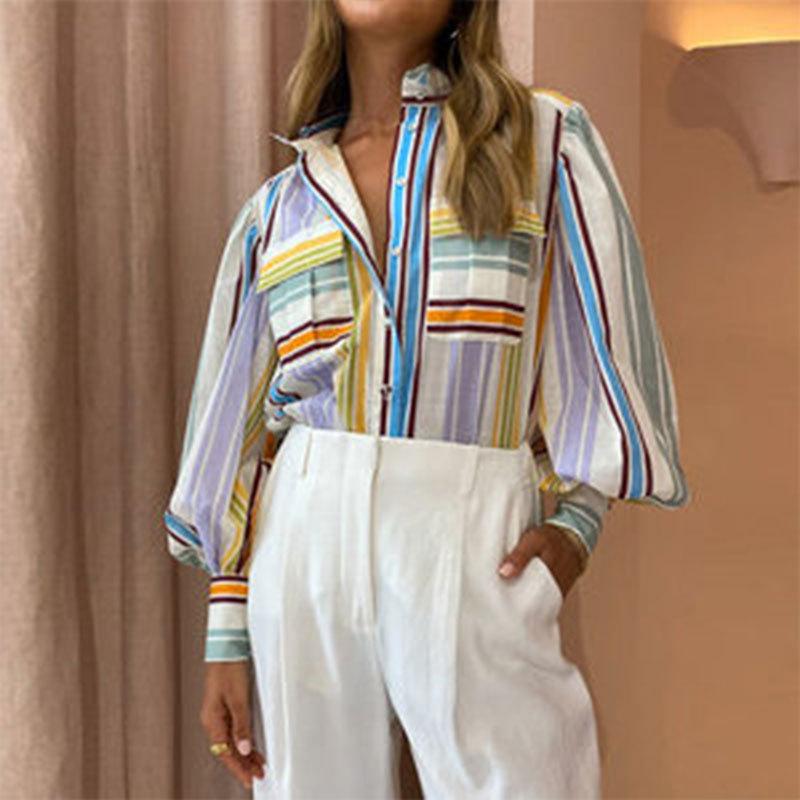 Spring 2025 European & American Women's Elegant Lapel Long Sleeve Hand-painted Print Casual Shirt
