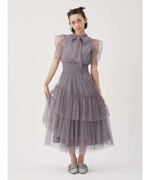 Half Sleeve Lame Tulle Dress RWFO251081 GRY [FurFur] Women's