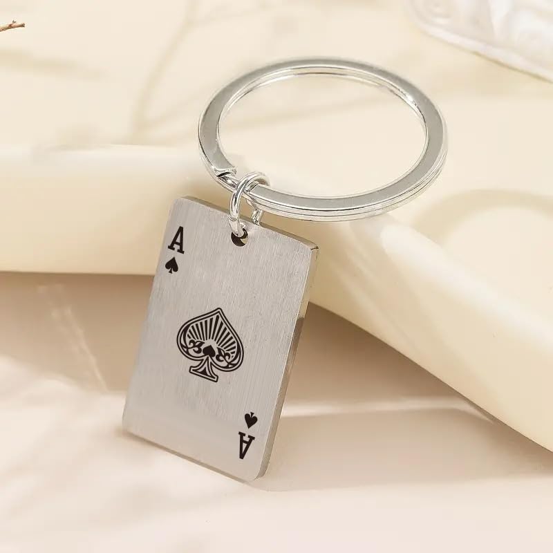 [ALOHAMONI] Metal Playing Cards Vintage American Keychain Key Ring Spade