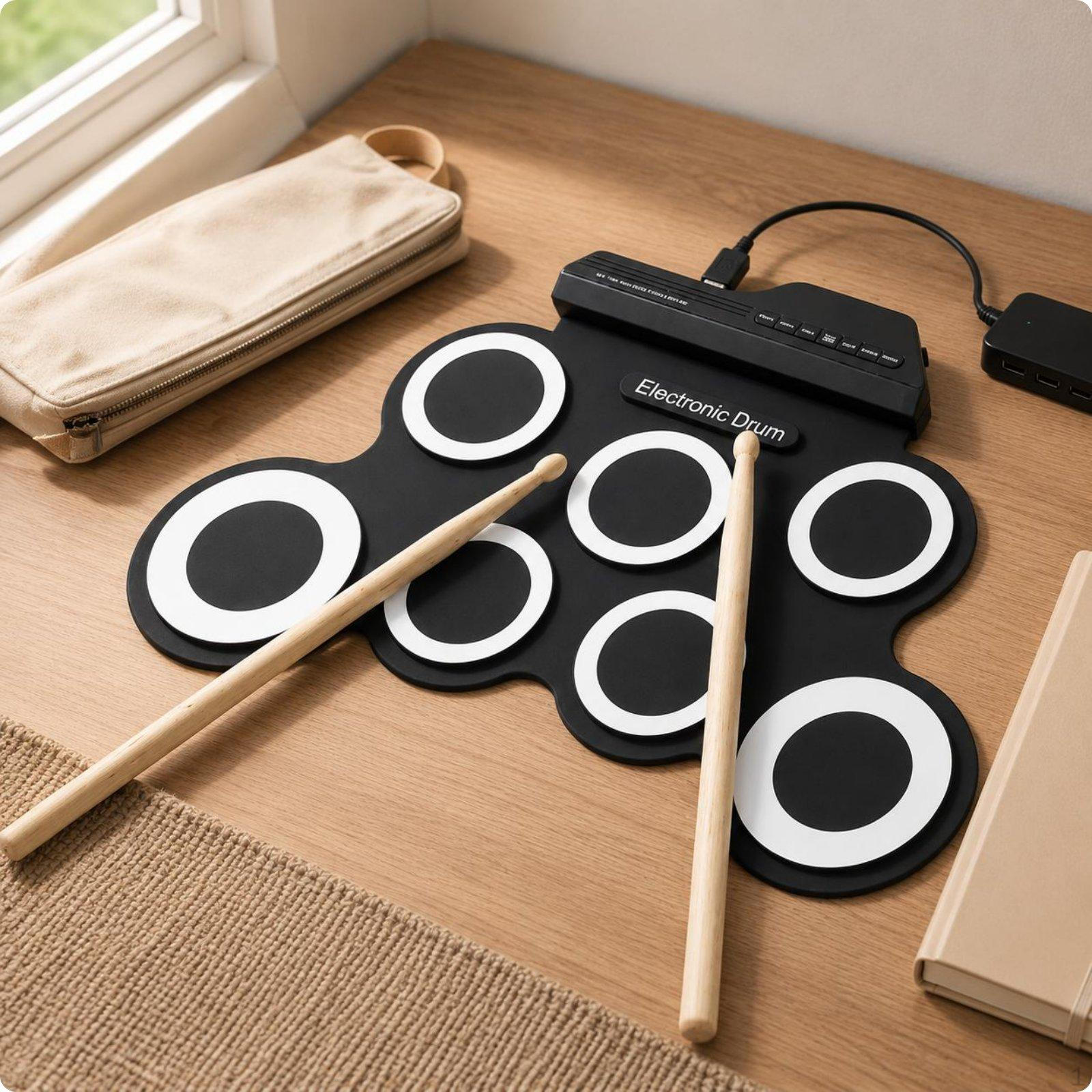 Silicone Electronic Drum Pad Foldable Roll up Headphone Jack for Beginners, Students, белый