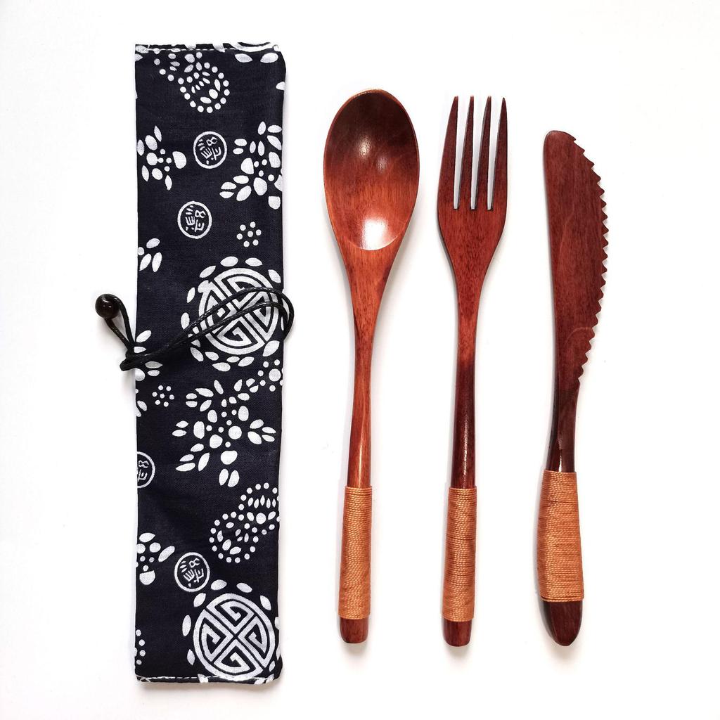 Japanese Wooden Portable Tableware Set: Long-Handled Spoon, Fork, and Chopsticks - Korean Style Three-Piece Set for Outdoor Use.