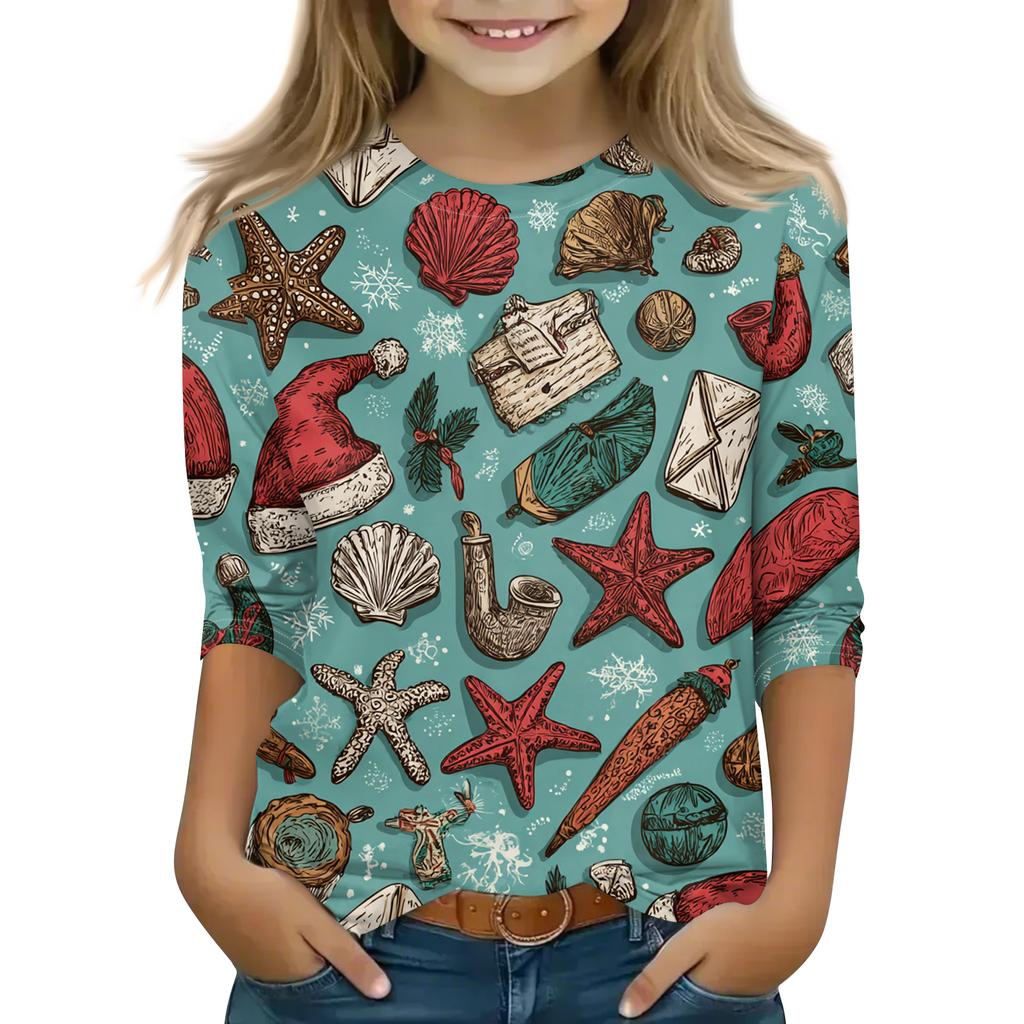 Children's 3/4 Sleeve Round Neck Top Christmas Tree Printed Everyday Casual Top