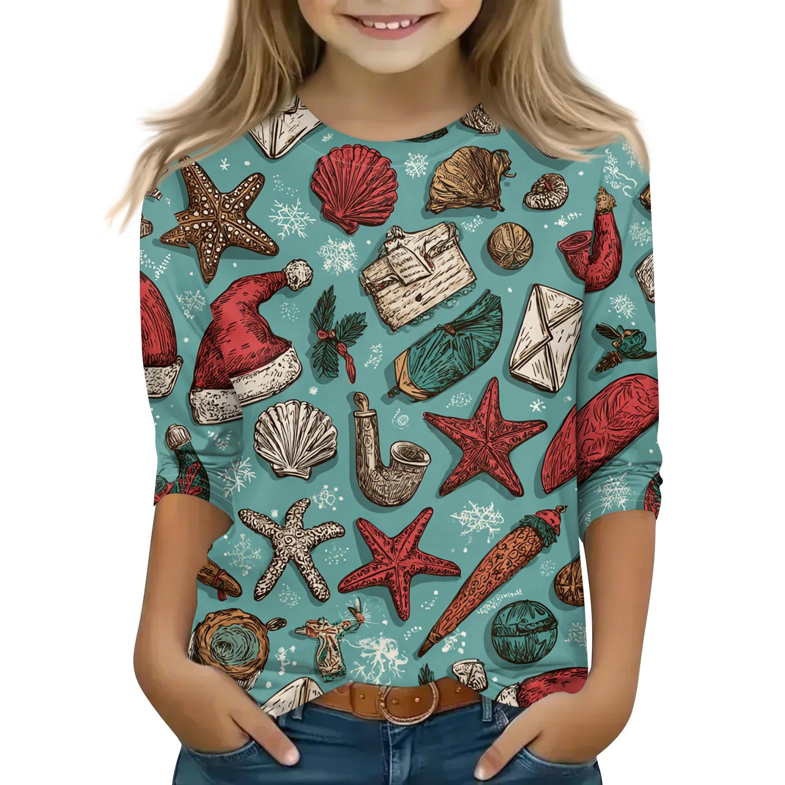 

Children s 3/4 Sleeve Round Neck Top Christmas Tree Printed Everyday Casual Top 120 циан
