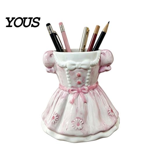 Desk Organizer Bow Dress Pencil Cup, Ceramic Organizer, Cute Makeup Stationery Brush Holder for Girls Room, Office Gift Women