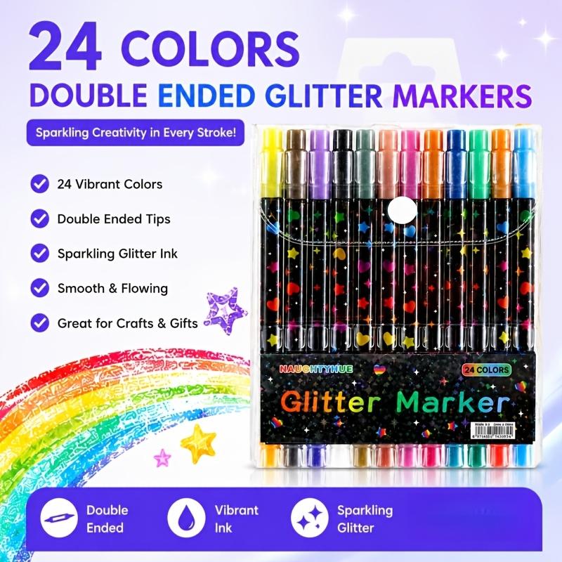 24 Colors Double Head Glitter Marker Set, Quick Dry Ink Fine Tip for Scrapbooking Card Journal Drawing Art Supplies