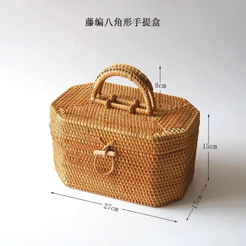 

Плетеная вручную ротанговая коробка для хранения с ручкой, плетеная декоративная коробка, контейнер для чая и еды, корзина для пикника, хлеба, фруктов, торта, кухонный органайзер