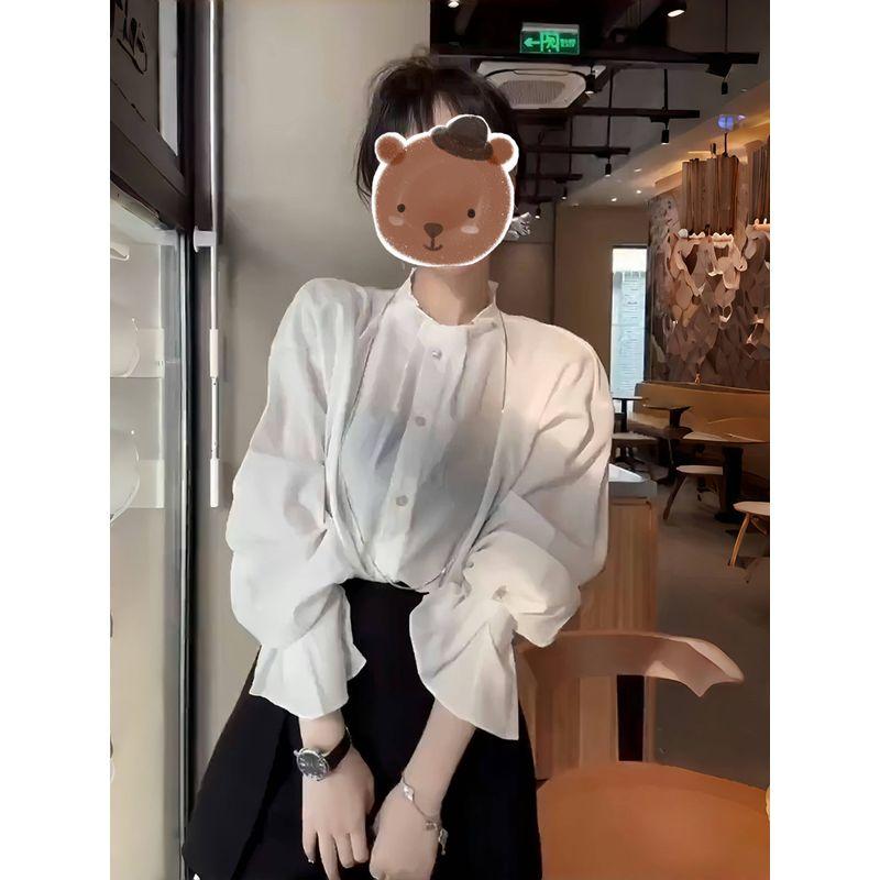 

European Goods Retro Stringy Selvedge round Neck Long Sleeves Shirt Women s Spring Niche Design Loose Versatile Slimming Top Tide White S([40.00 kg-50.00 kg]])