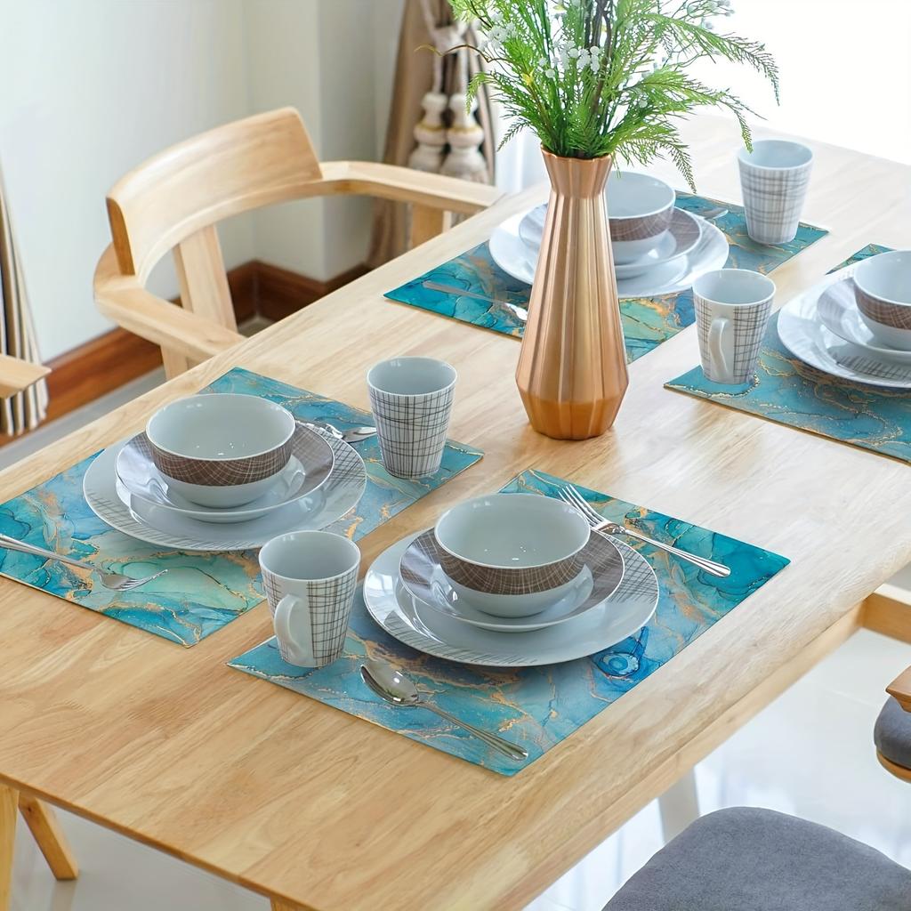 4PC Teal Placemats Turquoise Blue Thick Place Mats Decorative Peacock Table Mat For Dining Table Kitchen Home Decor