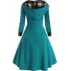 Damen Karo Patchwork Kapuzen-Stehkragen Langarm Midi A-Linien Kleid