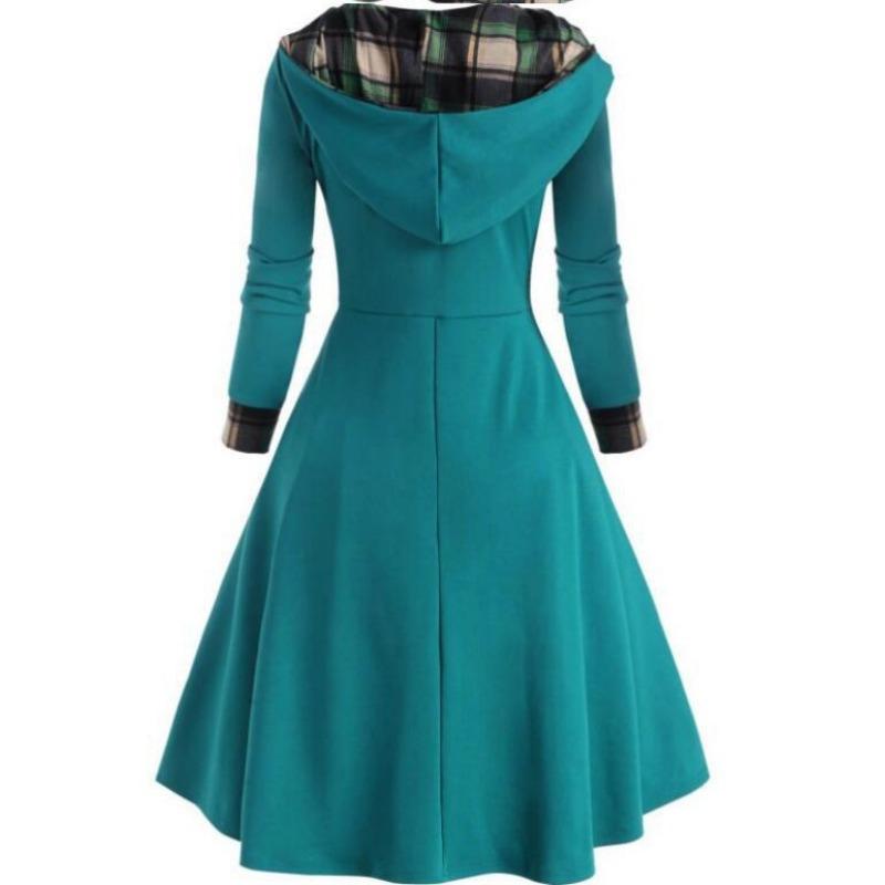Damen Karo Patchwork Kapuzen-Stehkragen Langarm Midi A-Linien Kleid